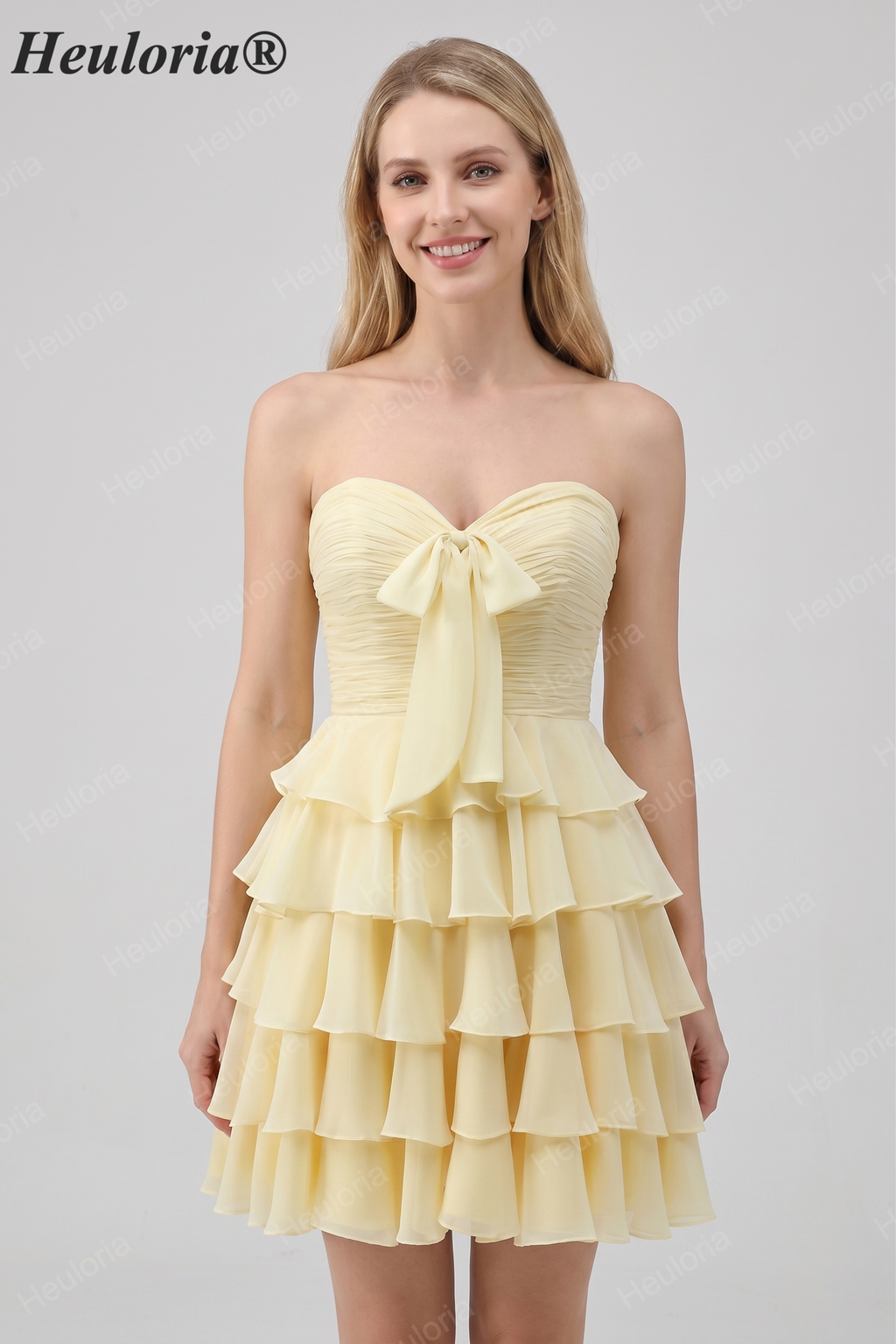 HEULORIA Light Yellow Strapless Tiered Ruched A Line Short Homecoming Dress ED-319