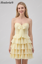 HEULORIA Light Yellow Strapless Tiered Ruched A Line Short Homecoming Dress ED-319