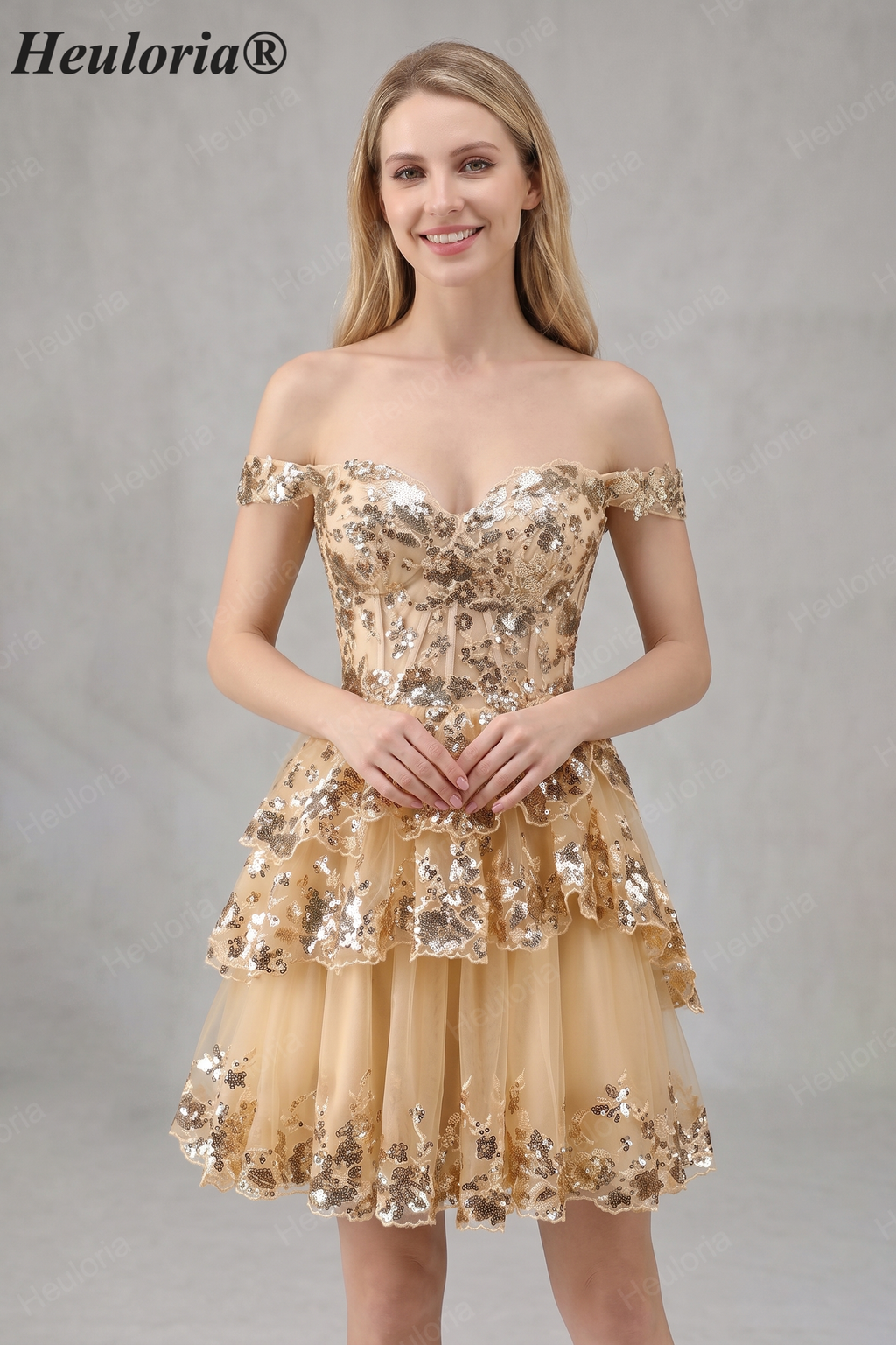 HEULORIA Champagne Off-the-Shoulder Sequin Tiered Mini Dress - Corset Bodice Party & Homecoming Dress ED-277
