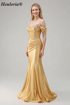 HEULORIA Elegant Ruched Satin Mermaid Evening Gown with Crystal Embellished Straps & Off-the-Shoulder Sleeves ED-349