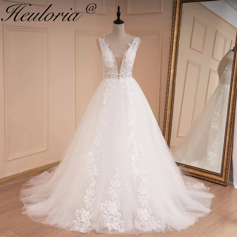 HEULORIA lace applique V neck wedding dress A line long train elegant Princess bridal gown Robe De Mariee Bride Dress AL-542 Main image