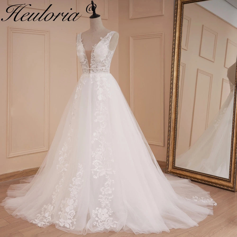 HEULORIA lace applique V neck wedding dress A line long train elegant Princess bridal gown Robe De Mariee Bride Dress AL-542