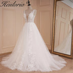 HEULORIA lace applique V neck wedding dress A line long train elegant Princess bridal gown Robe De Mariee Bride Dress AL-542