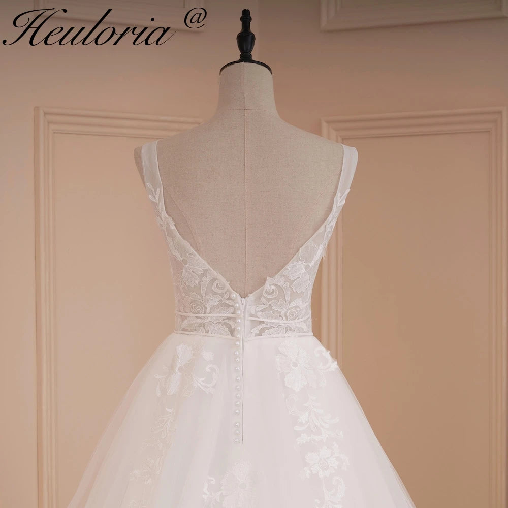 HEULORIA lace applique V neck wedding dress A line long train elegant Princess bridal gown Robe De Mariee Bride Dress AL-542