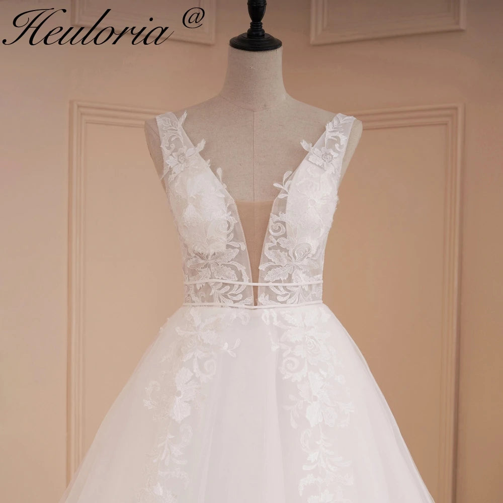 HEULORIA lace applique V neck wedding dress A line long train elegant Princess bridal gown Robe De Mariee Bride Dress AL-542