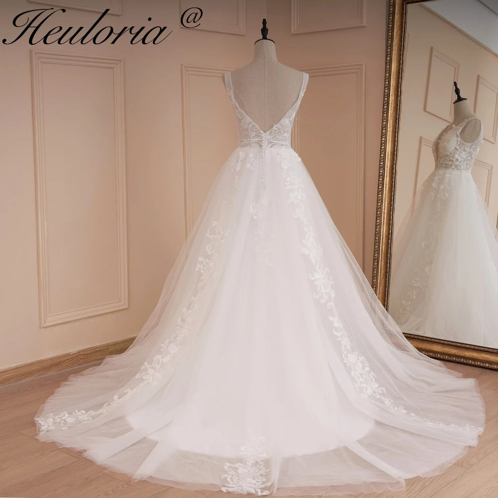 HEULORIA lace applique V neck wedding dress A line long train elegant Princess bridal gown Robe De Mariee Bride Dress AL-542