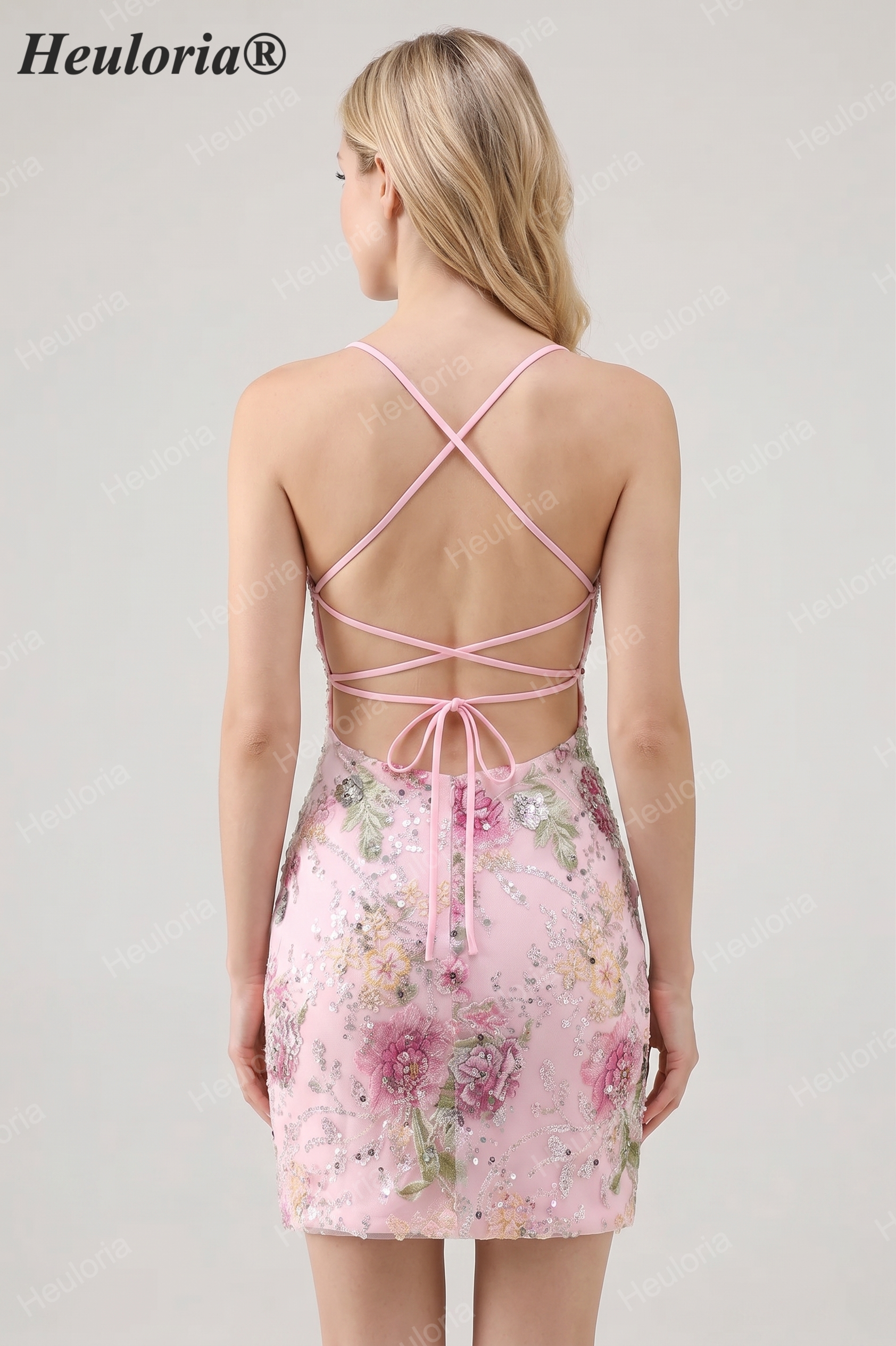 HEULORIA Floral Embroidered Sequin Bodycon Mini Dress with Sheer Mesh Cut-outs and Lace-Up Back ED-597
