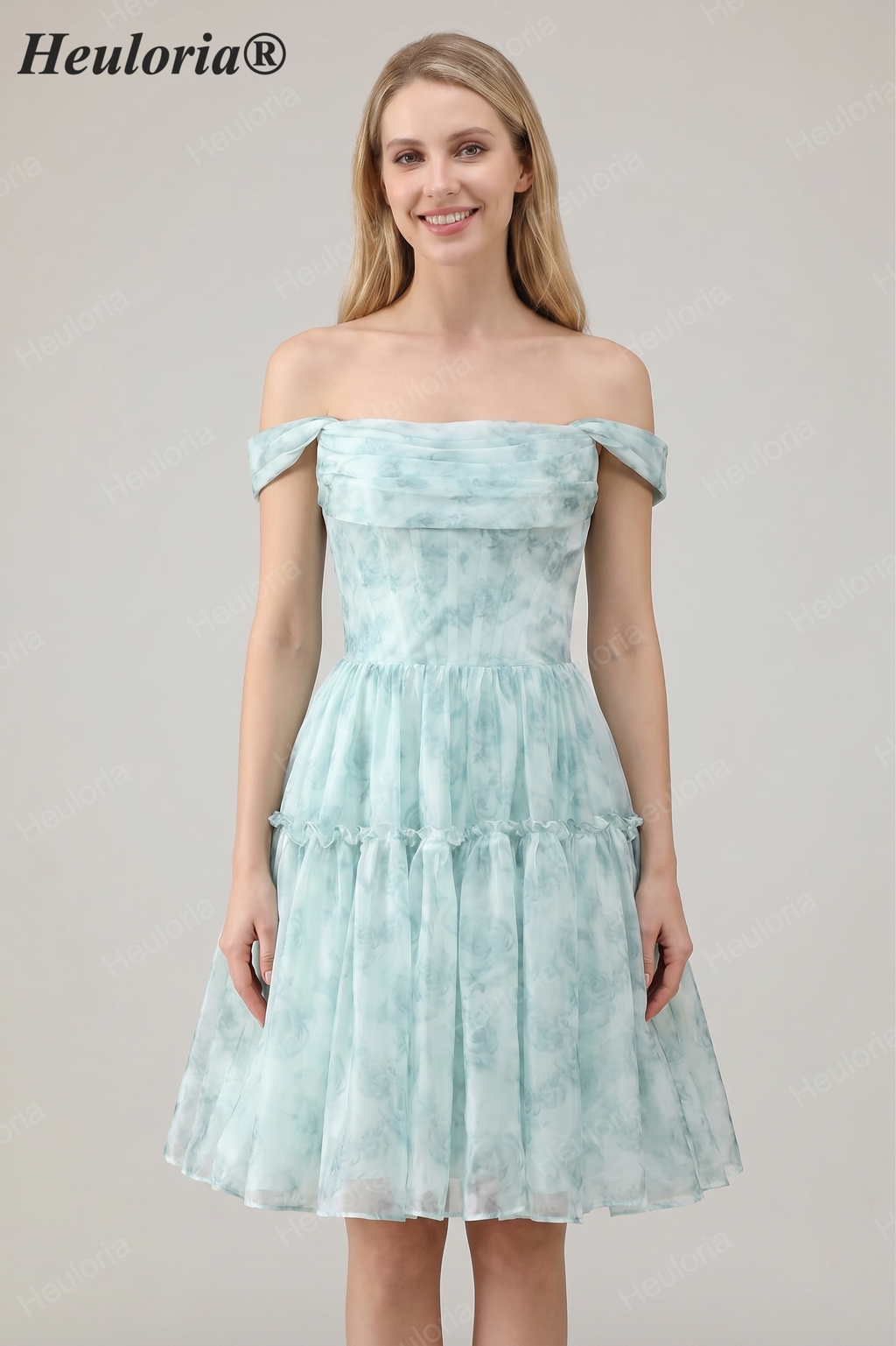 HEULORIA Ethereal Watercolor Floral Off-the-Shoulder Tiered Mini Dress ED-600