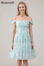 HEULORIA Ethereal Watercolor Floral Off-the-Shoulder Tiered Mini Dress ED-600