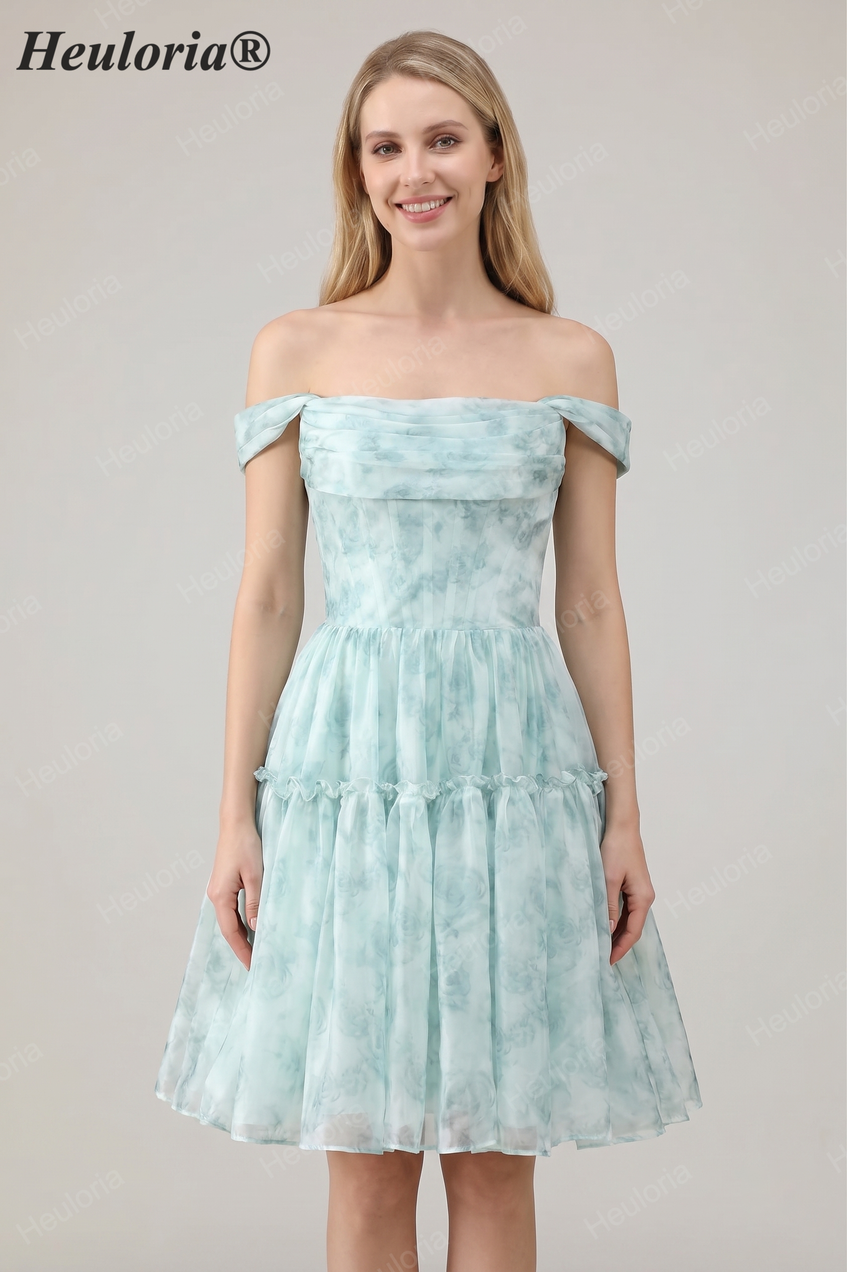 HEULORIA Ethereal Watercolor Floral Off-the-Shoulder Tiered Mini Dress ED-600