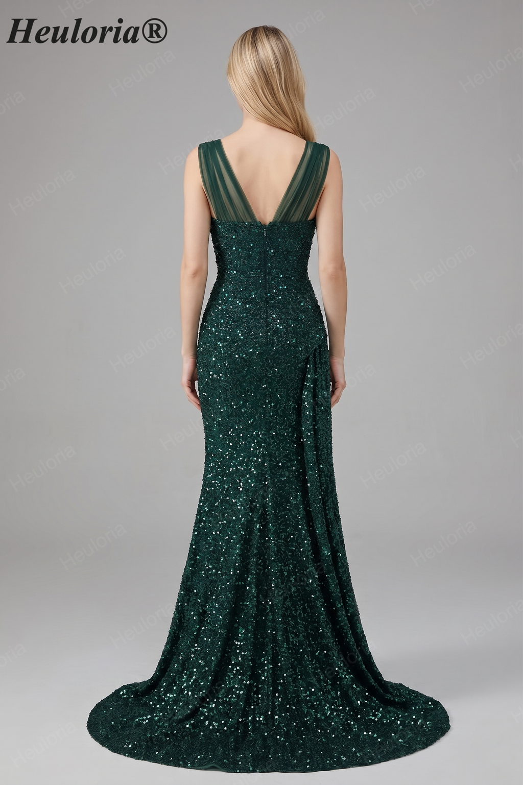 HEULORIA Glamorous Emerald Green Sequin High Slit Evening Gown with Ruched Bodice ED-373