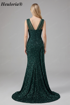 HEULORIA Glamorous Emerald Green Sequin High Slit Evening Gown with Ruched Bodice ED-373