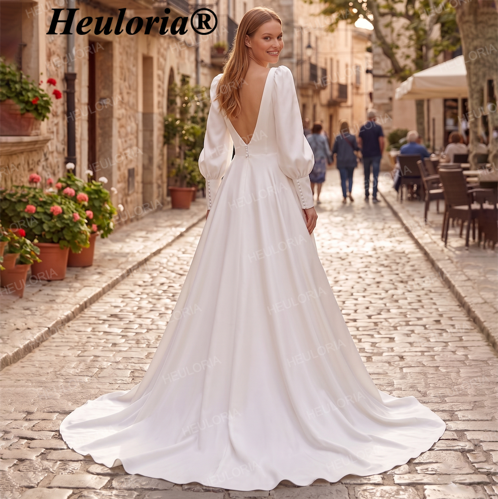 HEULORIA Minimalist Square Neck A-Line Satin Wedding Dress with Long Puff Sleeves AL-212S