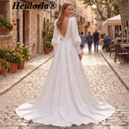 HEULORIA Minimalist Square Neck A-Line Satin Wedding Dress with Long Puff Sleeves AL-212S