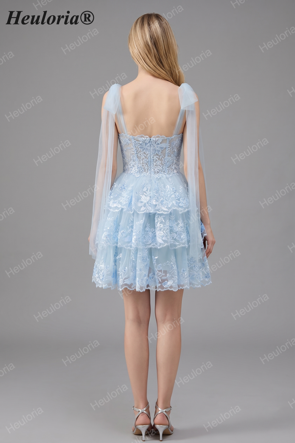 HEULORIA Sky Blue Floral Lace Tiered Mini Party Dress with Tulle Shoulder Streamers ED-593