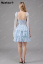 HEULORIA Sky Blue Floral Lace Tiered Mini Party Dress with Tulle Shoulder Streamers ED-593
