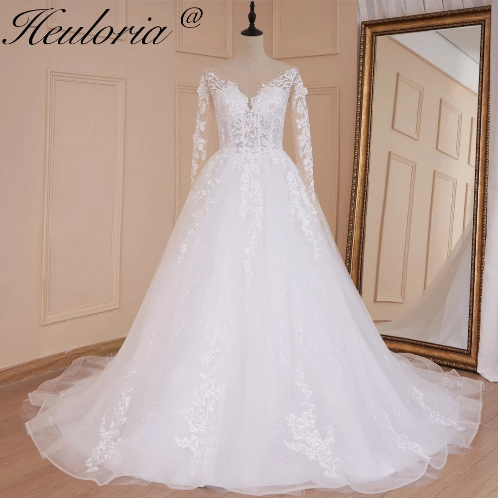 HEULORIA long sleeve sweetheart lace beading wedding dress plus size shinny lace princess ball gown wedding dress BA-559
