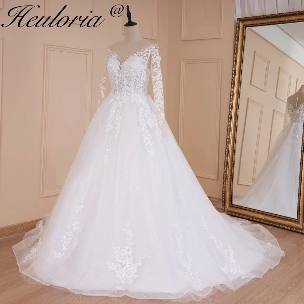 HEULORIA long sleeve sweetheart lace beading wedding dress plus size shinny lace princess ball gown wedding dress BA-559