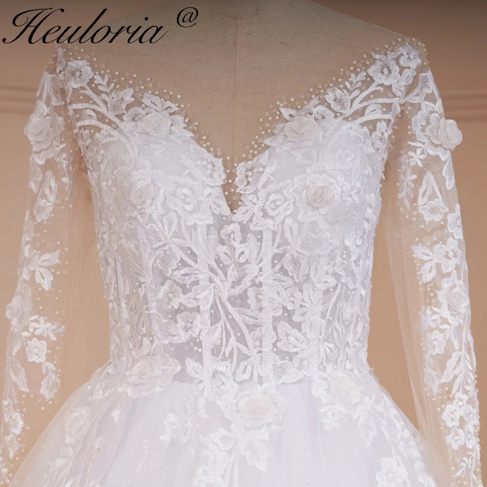 HEULORIA long sleeve sweetheart lace beading wedding dress plus size shinny lace princess ball gown wedding dress BA-559