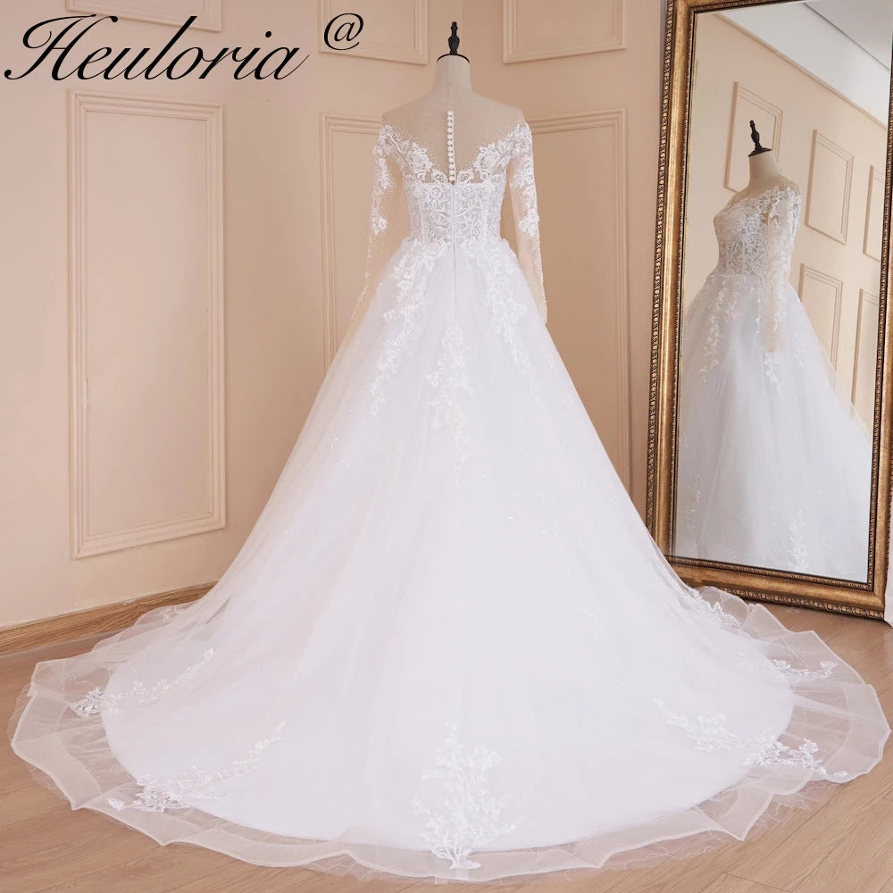 HEULORIA long sleeve sweetheart lace beading wedding dress plus size shinny lace princess ball gown wedding dress BA-559