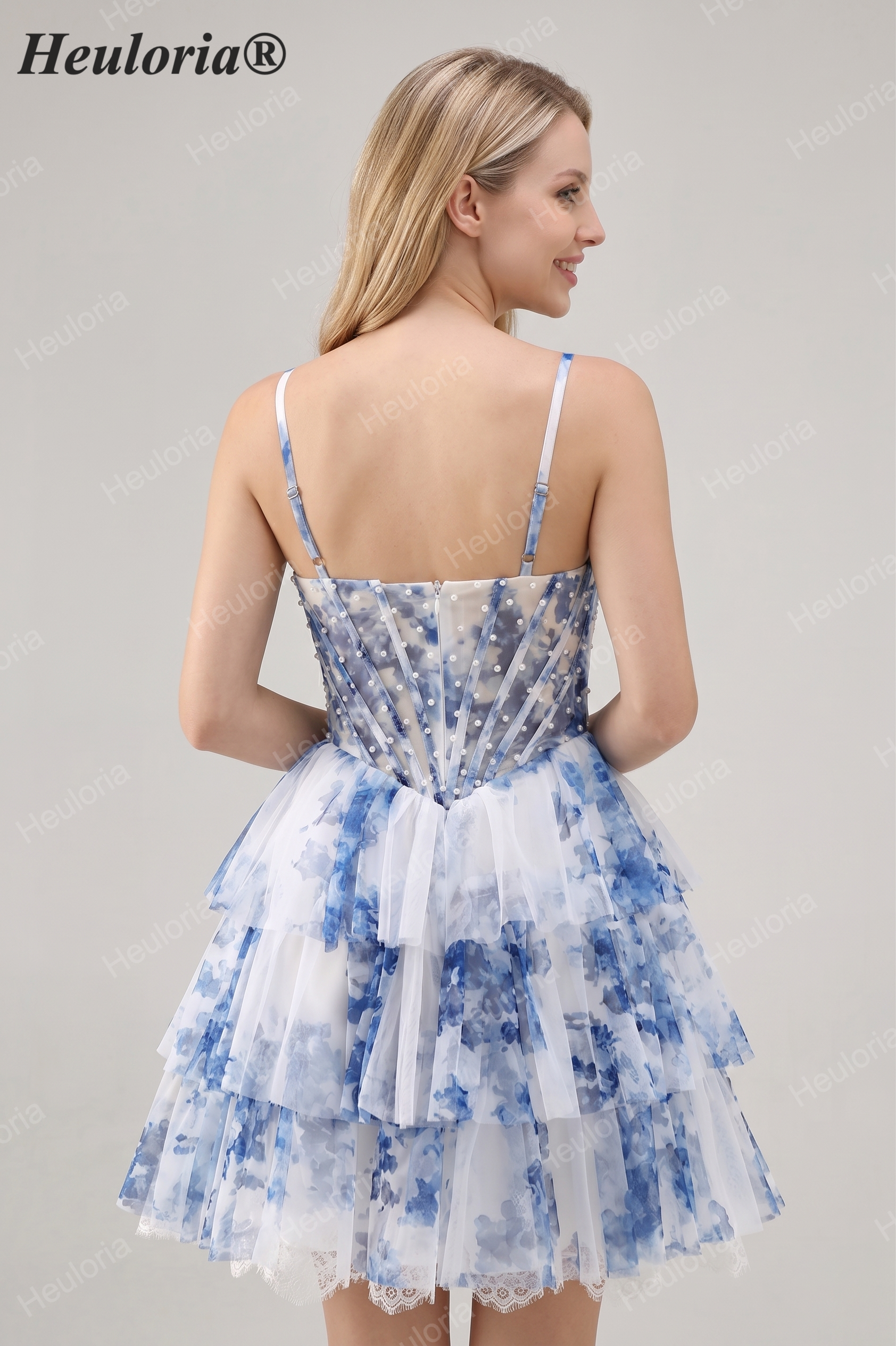 HEULORIA Whimsical Blue Floral Pearl Beaded Corset Mini Dress - Tiered Pleated Tulle Party Gown ED-613