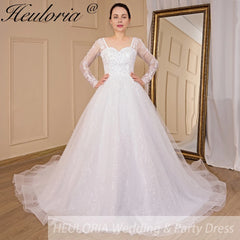 HEULORIA Ball-Gown/Princess long sleeve Chapel Train Lace Tulle Wedding Dress With Sequins Beading BA-654A
