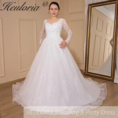 HEULORIA Ball-Gown/Princess long sleeve Chapel Train Lace Tulle Wedding Dress With Sequins Beading BA-654A