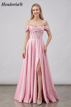 HEULORIA Off-the-Shoulder Sequin Beaded Satin Prom Dress with Slit & Corset Back ED-586