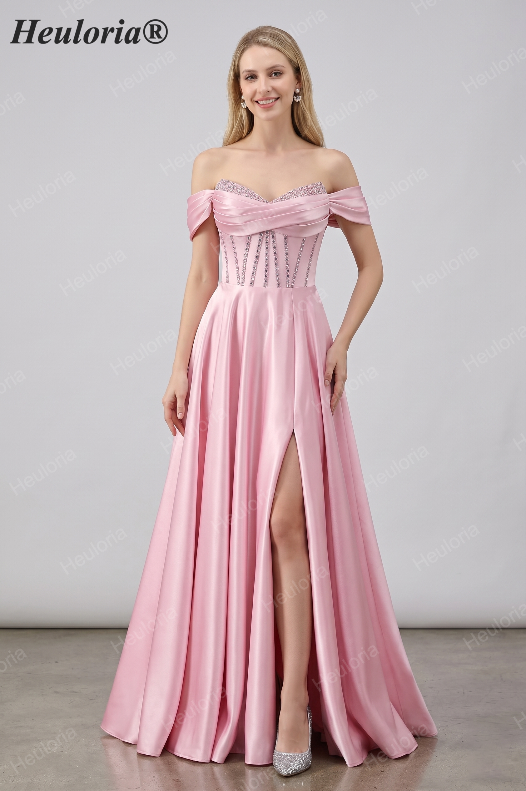 HEULORIA Off-the-Shoulder Sequin Beaded Satin Prom Dress with Slit & Corset Back ED-586