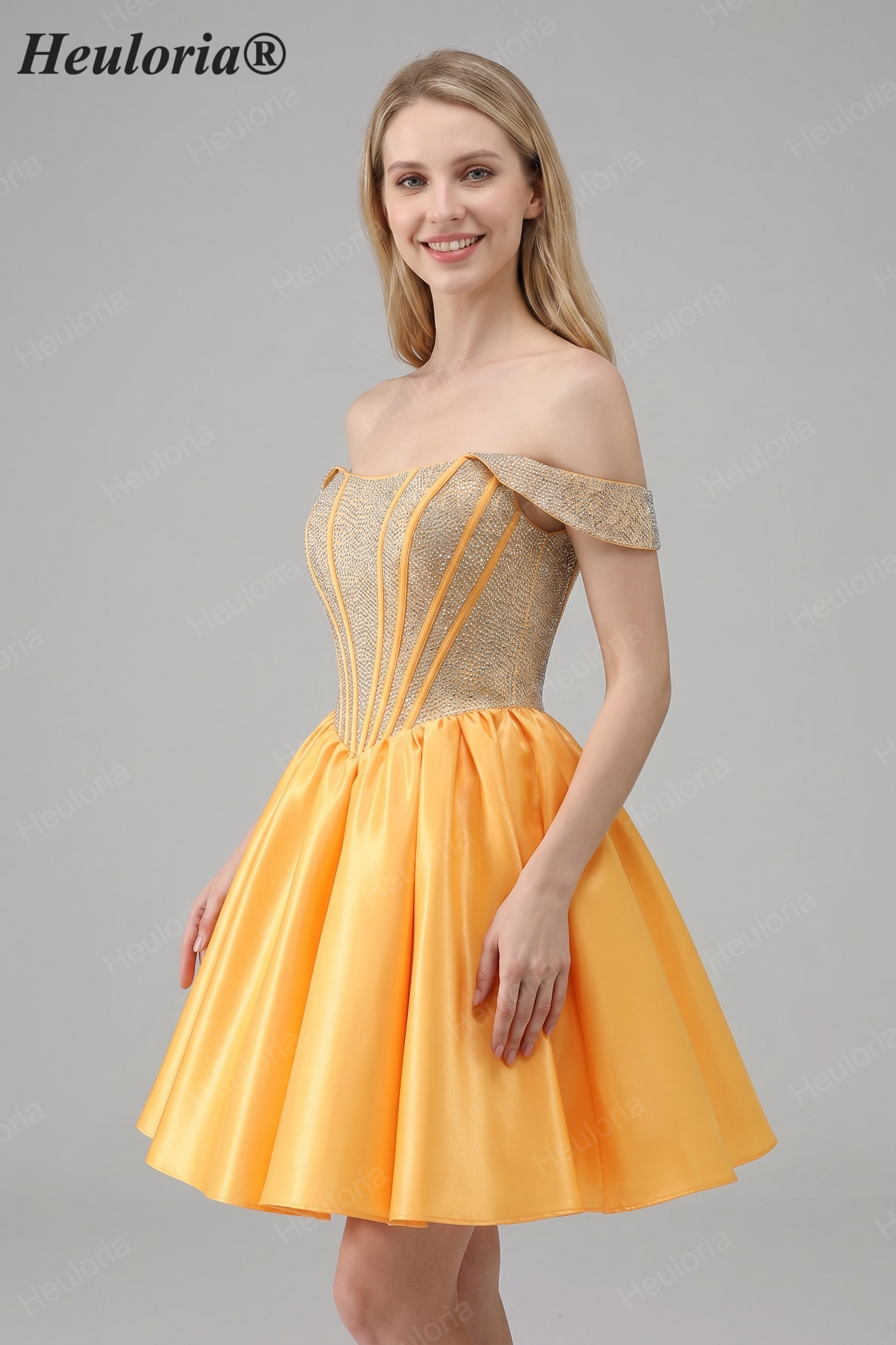 HEULORIA Sparkly Rhinestone Corset Homecoming Dress Off-the-Shoulder Satin Mini Party Gown ED-596