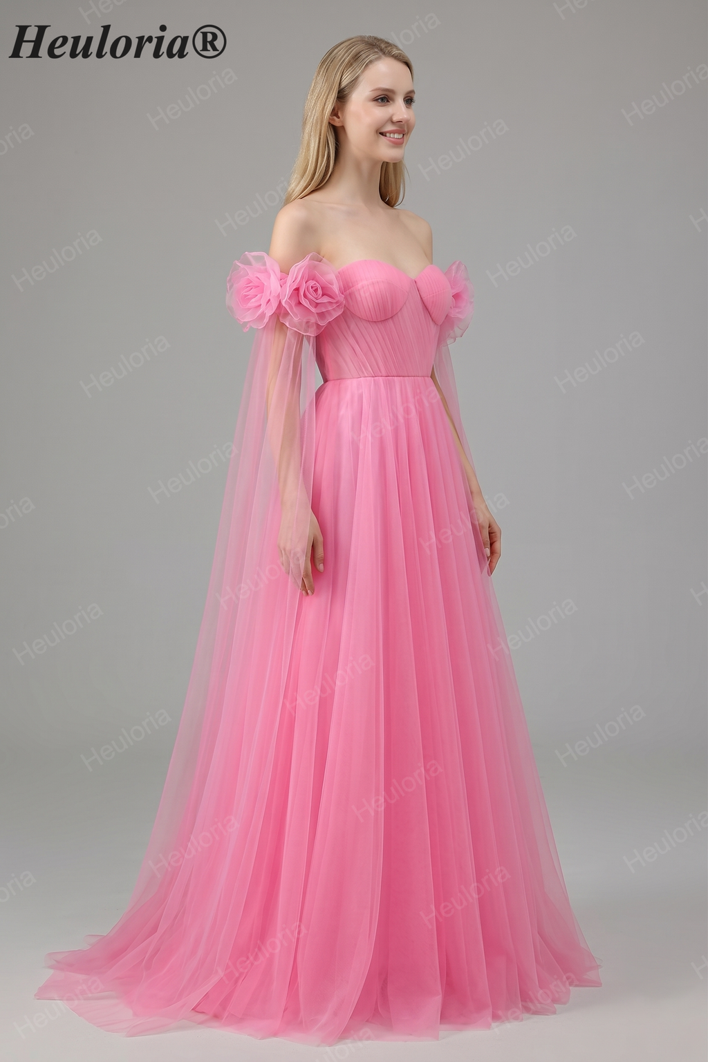 Heuloria Romantic Off-the-Shoulder Pink Tulle Prom Dress with 3D Floral Sleeves & Ruched Bodice ED-512