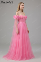 Heuloria Romantic Off-the-Shoulder Pink Tulle Prom Dress with 3D Floral Sleeves & Ruched Bodice ED-512