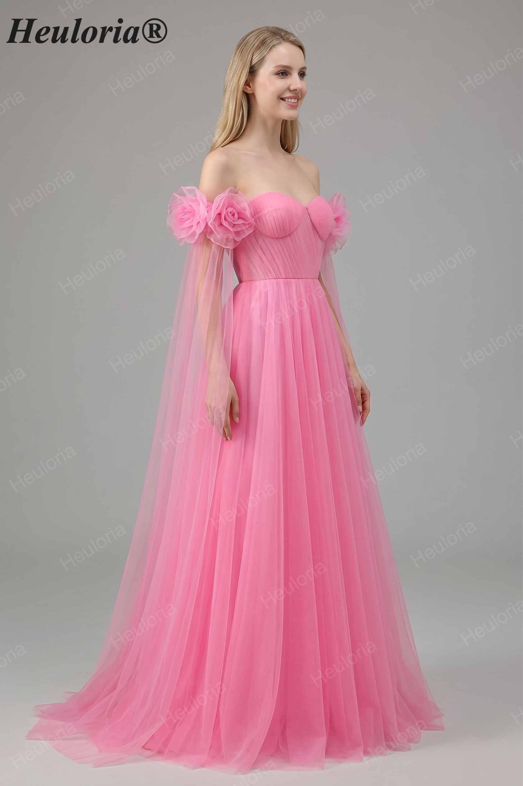 Heuloria Romantic Off-the-Shoulder Pink Tulle Prom Dress with 3D Floral Sleeves & Ruched Bodice ED-512