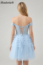 HEULORIA Blush A Line Off The Shoulder Corset Short Tulle Homecoming Dress ED-326