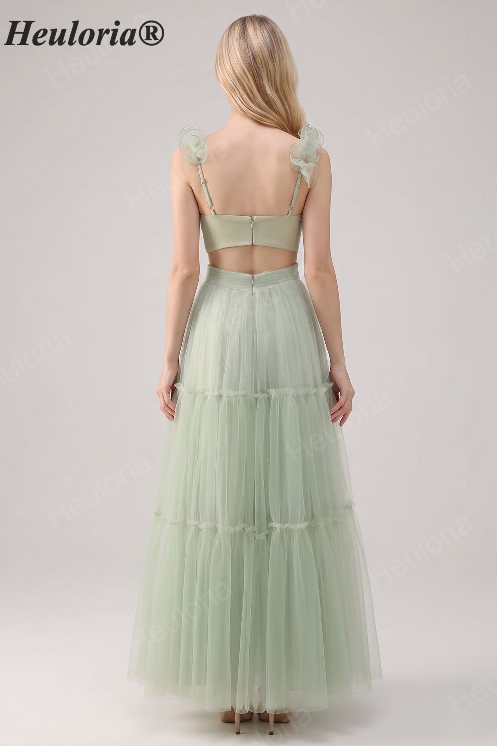 HEULORIA Romantic Dusty Sage Tiered Tulle V-Neck Prom Dress with Floral Ruffled Straps ED-561 Imagen secundaria del producto