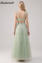 HEULORIA Romantic Dusty Sage Tiered Tulle V-Neck Prom Dress with Floral Ruffled Straps ED-561