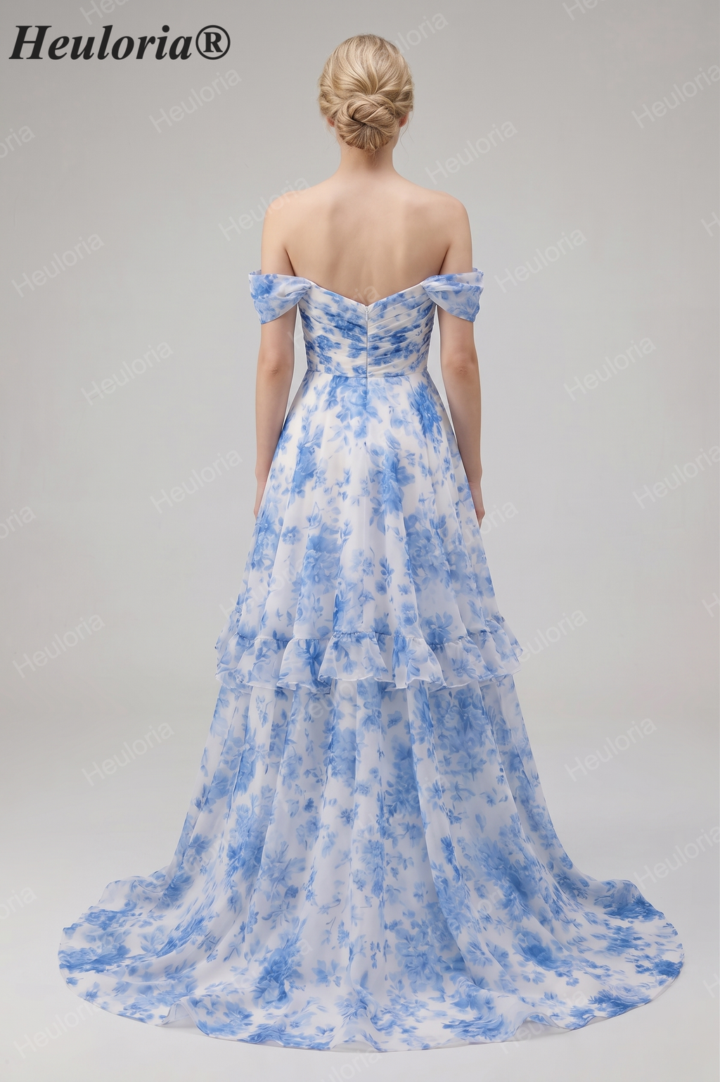 HEULORIA Blue Floral Chiffon Off-the-Shoulder A-Line Prom Dress with Tiered Skirt ED-567