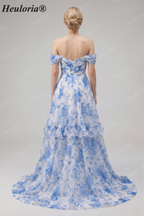 HEULORIA Blue Floral Chiffon Off-the-Shoulder A-Line Prom Dress with Tiered Skirt ED-567