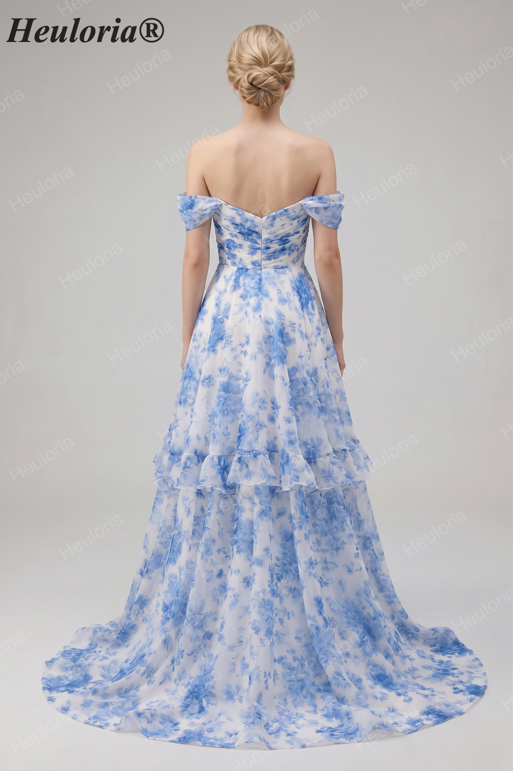 HEULORIA Blue Floral Chiffon Off-the-Shoulder A-Line Prom Dress with Tiered Skirt ED-567