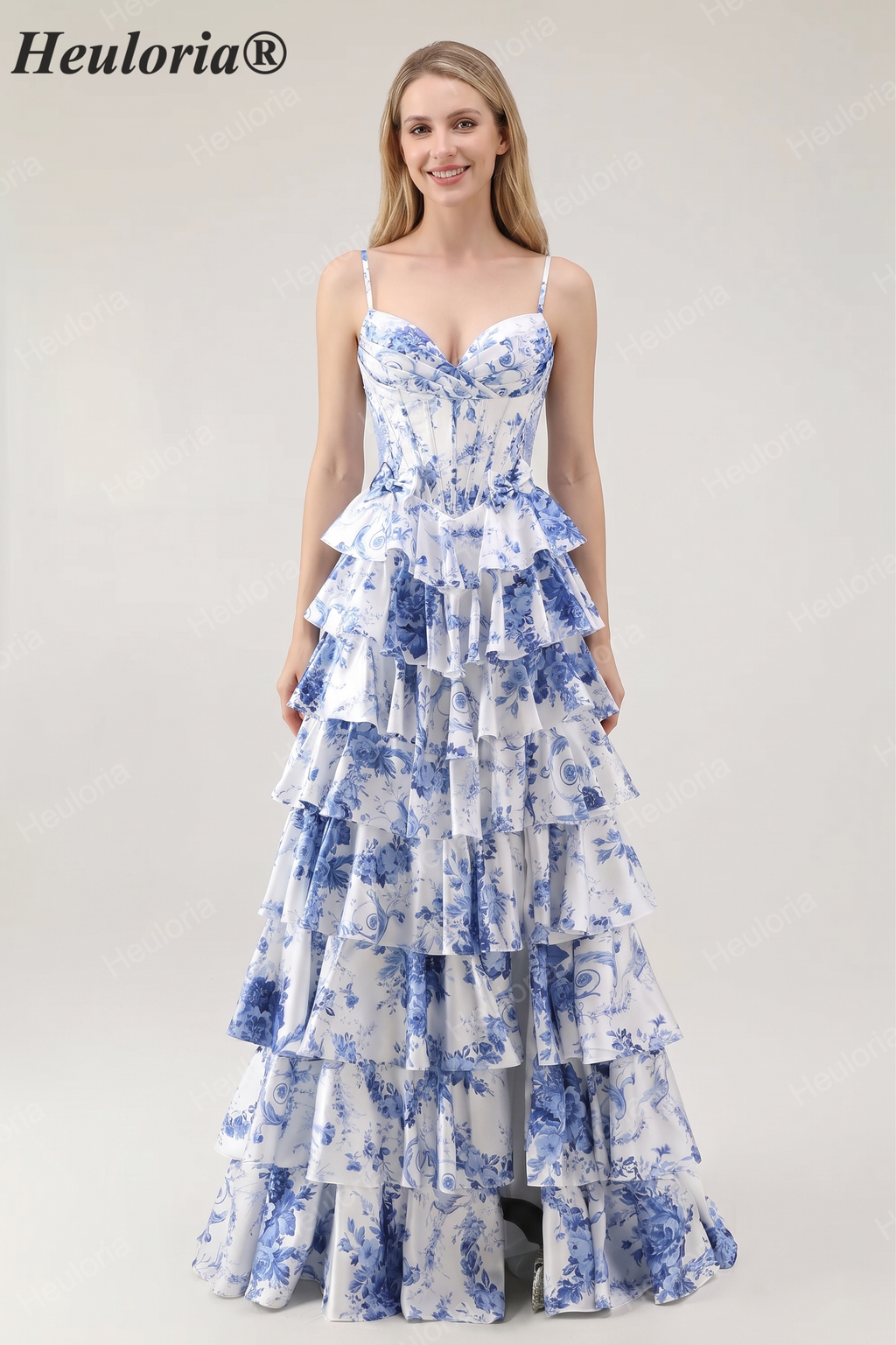 Heuloria Blue & White Floral Tiered Ruffle Maxi Dress - Elegant Spaghetti Strap Corset Prom Gown with Lace-Up Back ED-352