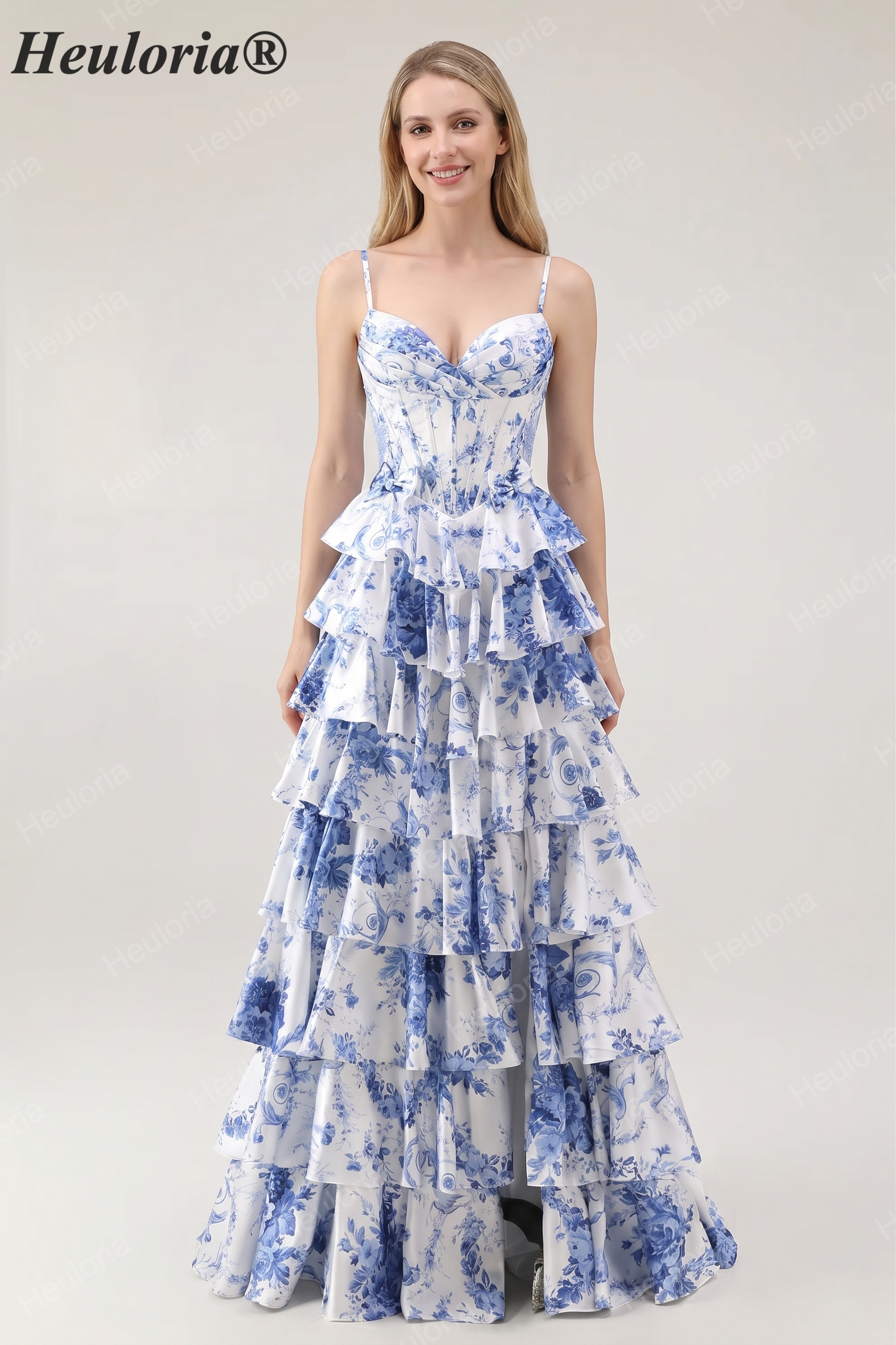 Heuloria Blue & White Floral Tiered Ruffle Maxi Dress - Elegant Spaghetti Strap Corset Prom Gown with Lace-Up Back ED-352