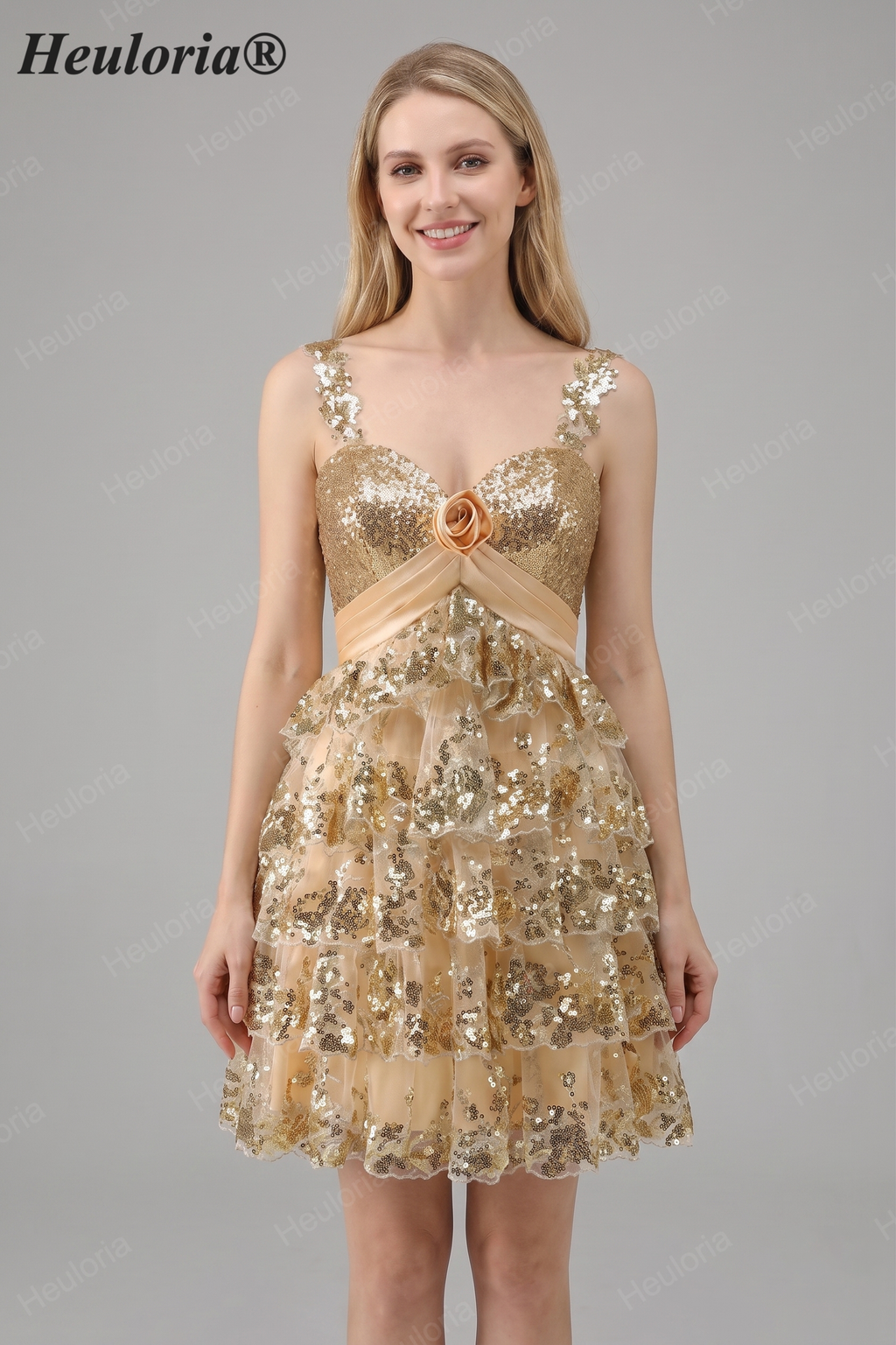 HEULORIA Sparkling Gold Tiered Sequin Mini Dress with Sweetheart Neckline and Rosette Detail ED-594