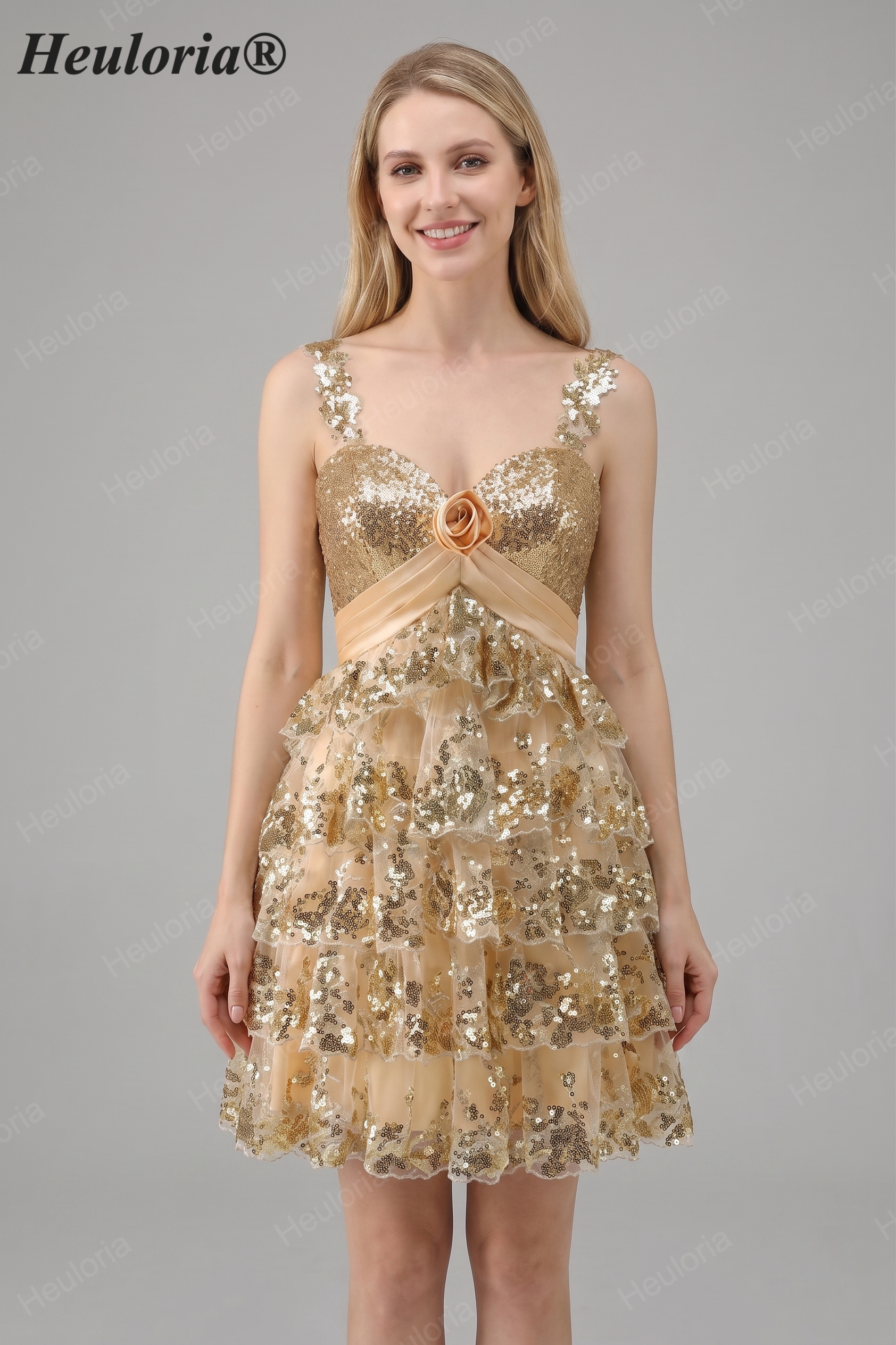 HEULORIA Sparkling Gold Tiered Sequin Mini Dress with Sweetheart Neckline and Rosette Detail ED-594