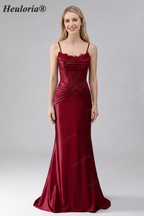 HEULORIA Elegant Burgundy Satin Mermaid Evening Dress with Beaded Corset Bodice and Lace-Up Back ED-578