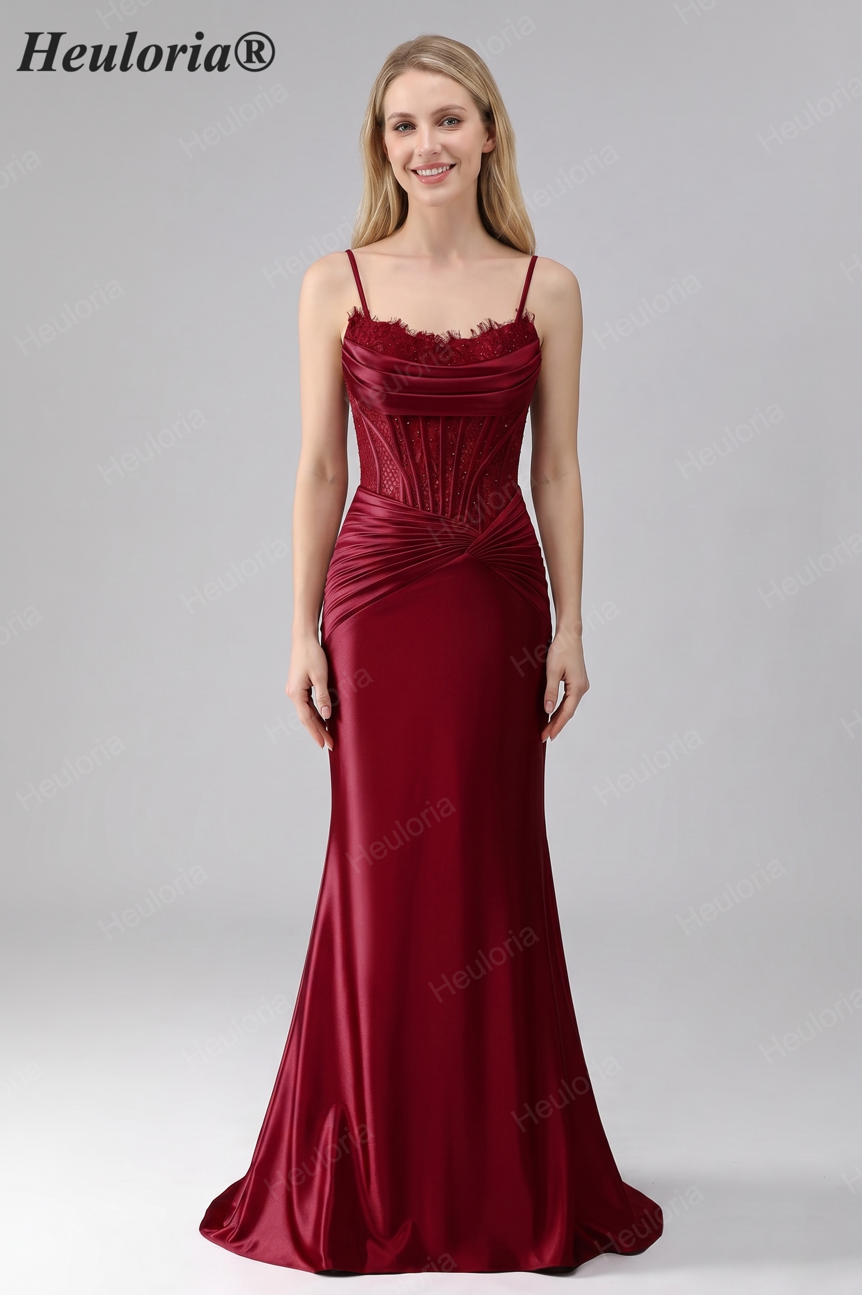 HEULORIA Elegant Burgundy Satin Mermaid Evening Dress with Beaded Corset Bodice and Lace-Up Back ED-578