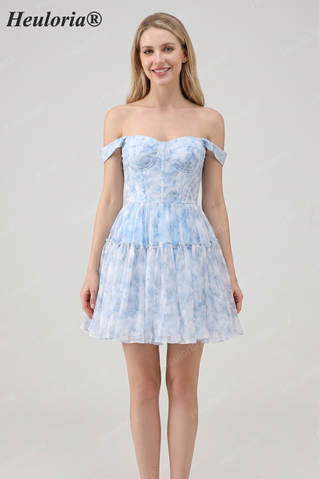 HEULORIA Ethereal Watercolor Floral Off-the-Shoulder Tiered Mini Dress ED-600