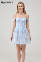 HEULORIA Ethereal Watercolor Floral Off-the-Shoulder Tiered Mini Dress ED-600