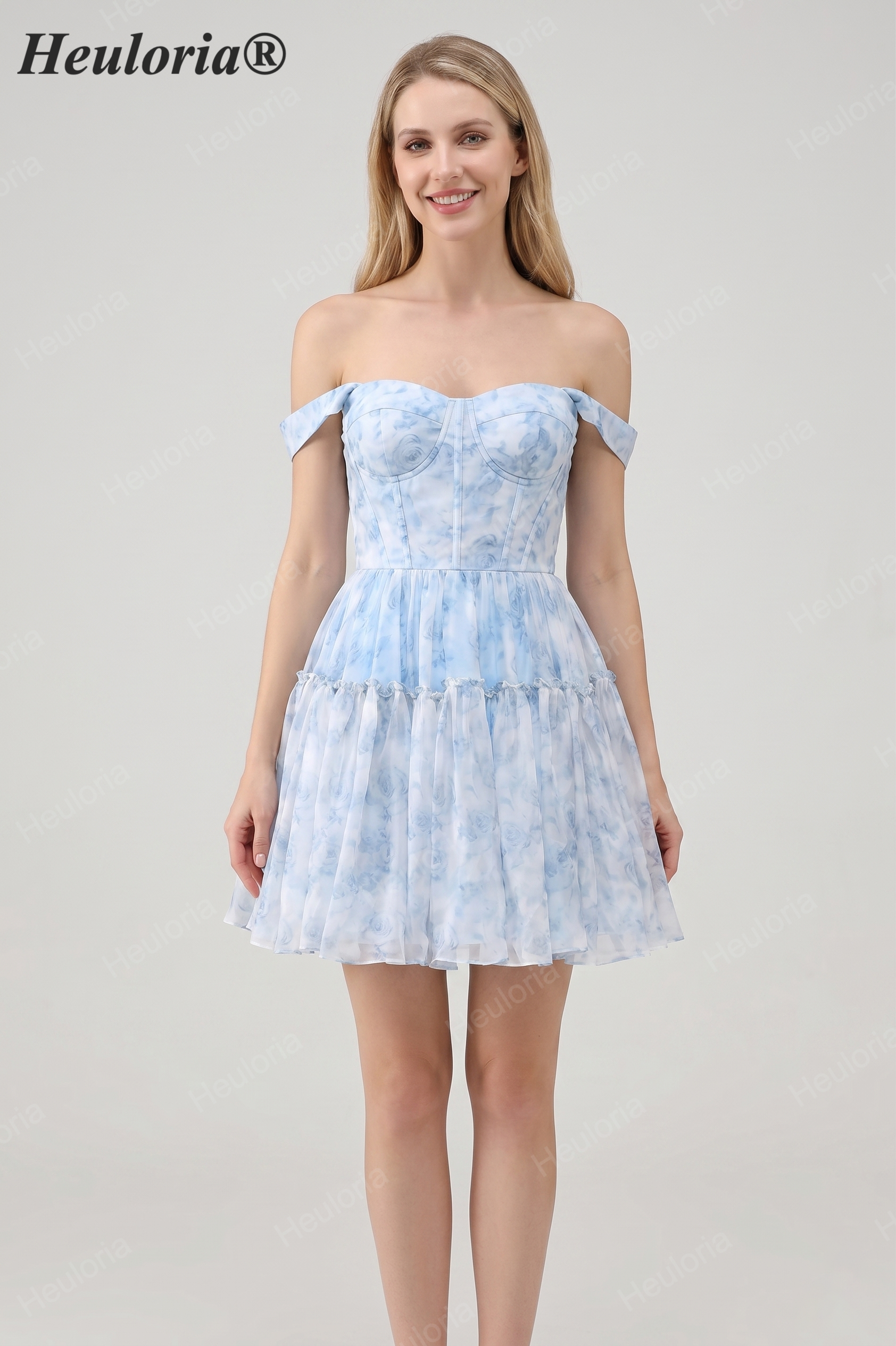 HEULORIA Ethereal Watercolor Floral Off-the-Shoulder Tiered Mini Dress ED-600