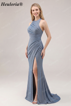 HEULORIA Shimmering Dusty Blue Halter Neck Ruched Evening Gown with High Slit ED-519