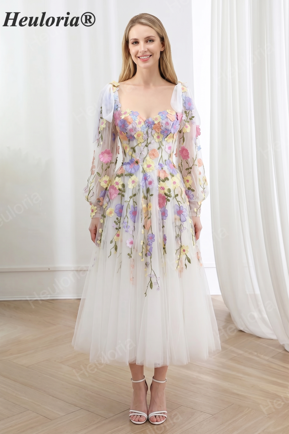 HEULORIA Romantic Colorful Floral Embroidery Tulle Midi Dress with Sheer Bishop Sleeves and Corset Back ED-666 tea Imagen principal del producto